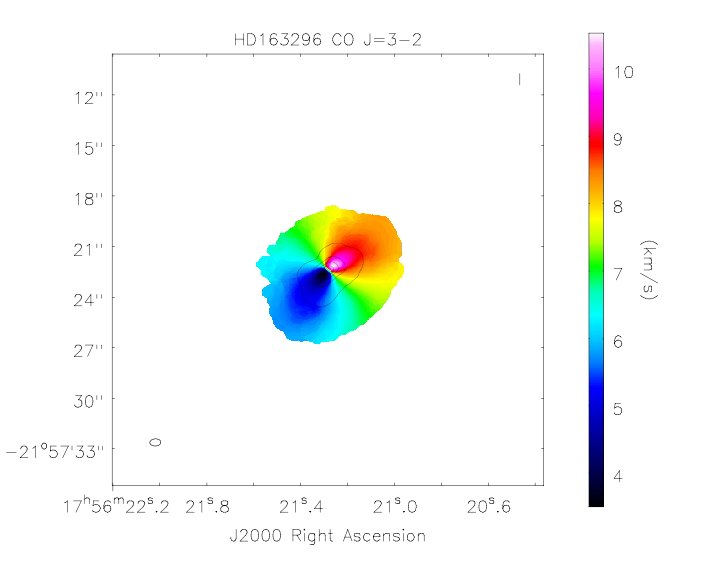 The rotating circumstellar disk around the Herbig Ae star HD163296, observed in the J=3-2 line of CO by ALMA.  The contours outline the first moment intensity map of the emission.