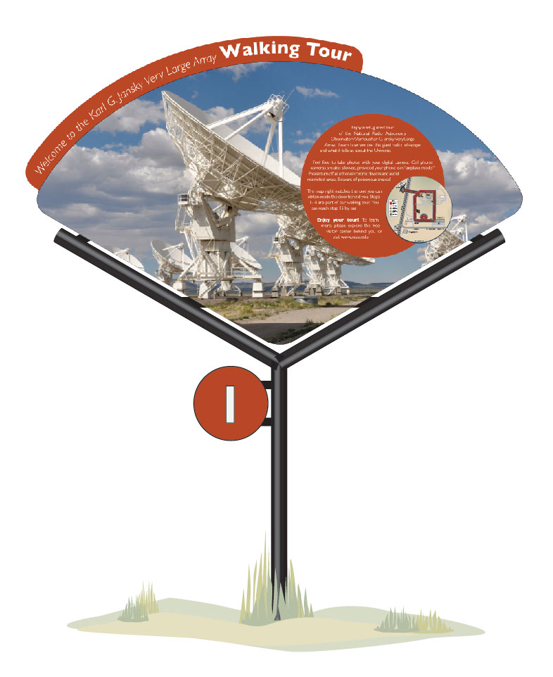 The expansive design of the new outdoor tour path signs suggests the arc of the sky, while the Y-shape of the posts (custom fabricated in NRAO's Green Bank machine shop) mimics the layout of the array itself.