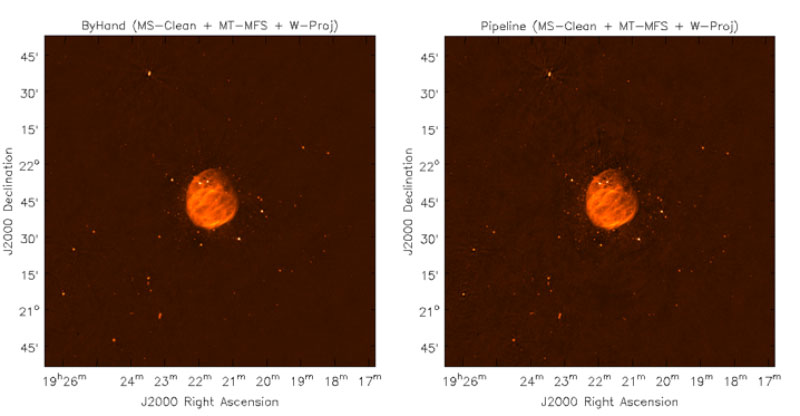 [Left] L-band image of G55.7+3.4 produced from data flagged and calibrated by hand; the rms noise is 11.5 μJy/beam. [Right] An image made from data flagged and calibrated by the VLA calibration pipeline; the rms noise is 12.2 μJy/beam. Differences in the source structure and/or source flux density are dominated by the uncertainty in the deconvolution process, not the calibration and flagging (images courtesy Urvashi Rao).
