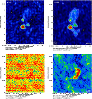 Comparison of the (left) VLSS and (right) VLSSr for two extended objects. (Top) Abell 194 is two luminous and distorted radio galaxies at the center of a low-redshift galaxy cluster. The improvement is due to a combination of increased extended source sensitivity and lower noise. (Bottom) W41 is a giant shell-type supernova remnant in the Milky Way. The improvement is due to the improved RFI suppression and the increased extended source sensitivity.