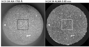 Figure 3.  Solar disk images at 1700Å with the Atmospheric Imaging Assembly, and at 0.85mm with ALMA (Allisandrakis et al. 2022, A and A, 661, L4).