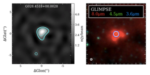 Figure 5.  Images of the Free-Free emission from a Galactic HII region from the GLOSTAR survey at 6 GHz with 1” resolution (left), and in the mid-IR (right; Dzib et al. 2022, arXiv:2210:00560). 