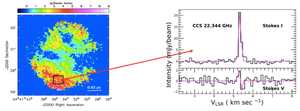 Figure 6.  VLA observations of  the 22.3 GHz CCS line emission from TMC-1C, plus the Stokes V measurements showing Zeeman splitting (Koley et al. 2022, MNRAS, 516, L48).