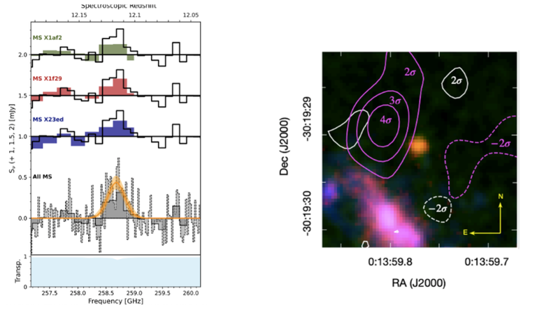 Figure 11.  Tentative [OIII] 88um emission seen by ALMA at 256 GHz, from the z = 12.1 JWST galaxy candidate GLASS-z13 (Bakx et al. 2022, arXiv:2208.13642).