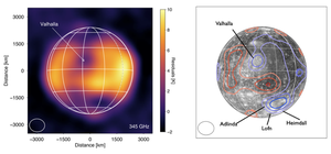 Figure 3.  ALMA 343 GHz image of Callisto at 0.16” resolution with mean disk emission subtracted. Right: ALMA contours plus the albedo map from Voyager and Galileo imaging (Camarca et al. 2023). A few crater impact regions are indicated, showing higher albedo and cooler mm thermal emission.