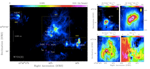 Figure 6. ALMA 1.3mm continuum image of W75(N)B at ~ 0.1” resolution. Top right: integrated line intensity of SiO emission. Lower right: the H2CO emission (Gomez et al. 2023, arXiv:2310:08086).