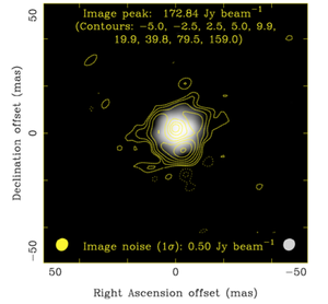 Figure 7. Image of the Mira Red Giant star, R Lep Band 10 HCN maser at 890.8 GHz, plus the continuum emission in greyscale, at 5 mas resolution (Asaki et al. 2023, arXiv:2310:09664).