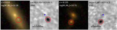 Two examples of offset AGN identified through cross correlation of the VLASS and the SDSS. In these cases, the radio AGN has an optical counterpart. Color frames are SDSS g+r+I and the grayscale image is the VLASS. The scale bars are 10’’ (Barrows &amp; Comerford 2025, arXiv:2509.09768).