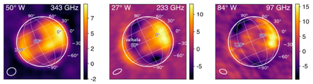 ALMA images of Callisto after subtracting mean model disk emission (in K), at 0.09’’ to 0.24’’ resolution. The images are scaled such that the horizontal and vertical axes span -3500 km to +3500 km (Cordiner et al. arXiv:2508.05925).