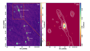 Left: VLA image of the region around the massive protostar IRAS 18162–2048 at 5 GHz, 6” resolution (Cheriyan et al. 2025 ApJ 988, L9). Right: color scale now shows the stokes V circular polarization